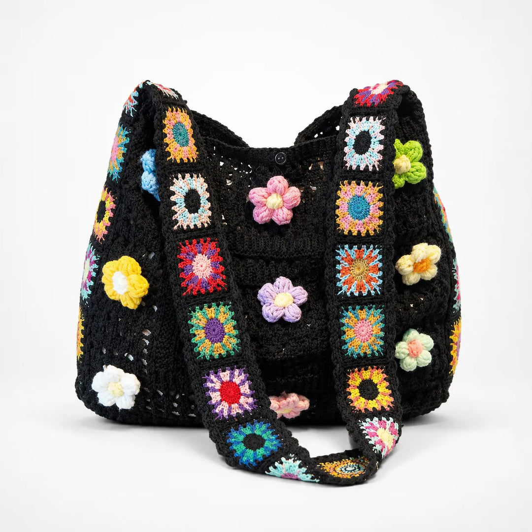 Florenza – Ręcznie szydełkowana torebka na ramię z kwiatowym motywem dla kobiet, boho torba w stylu granny-square z 3D kwiatami