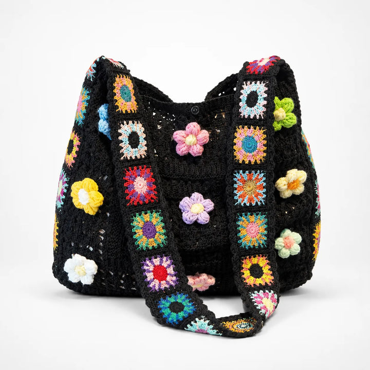 Florenza – Ręcznie szydełkowana torebka na ramię z kwiatowym motywem dla kobiet, boho torba w stylu granny-square z 3D kwiatami
