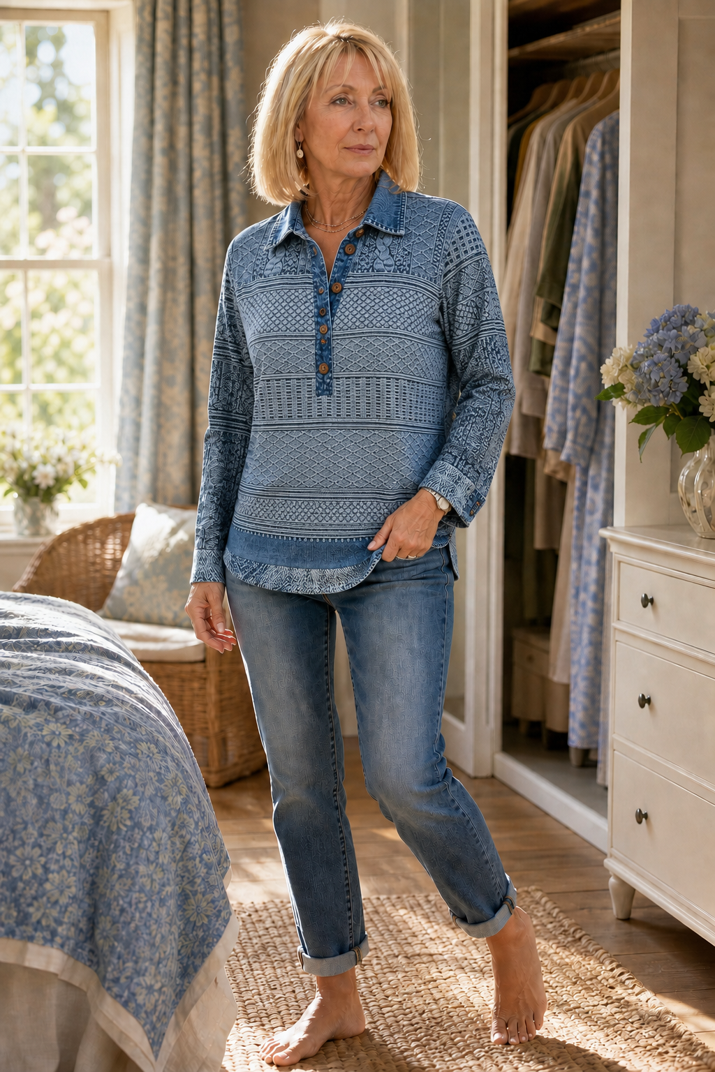 Layerlyn – Bluzka dzianinowa z denimu w patchworkowym wzorze