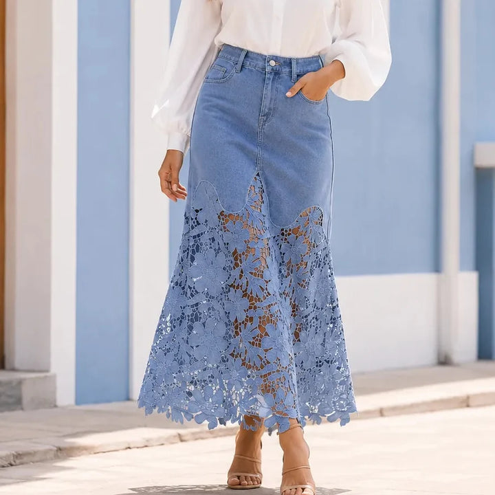 Florenza – Spódnica maxi z denimu z koronkowym wykończeniem i wysokim stanem, z kieszeniami