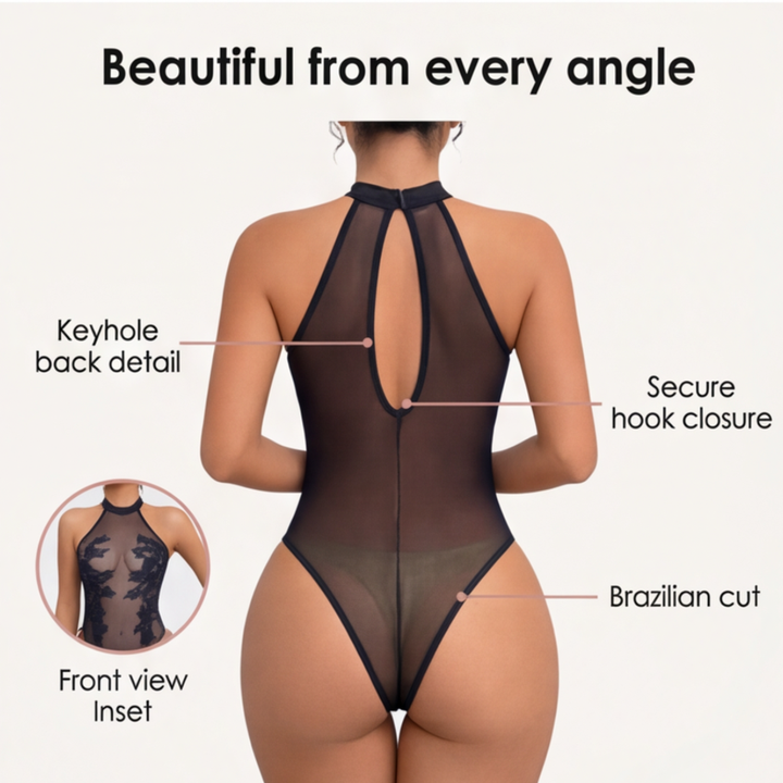 Floressa – Przezroczysty body z haftem kwiatowym na halter