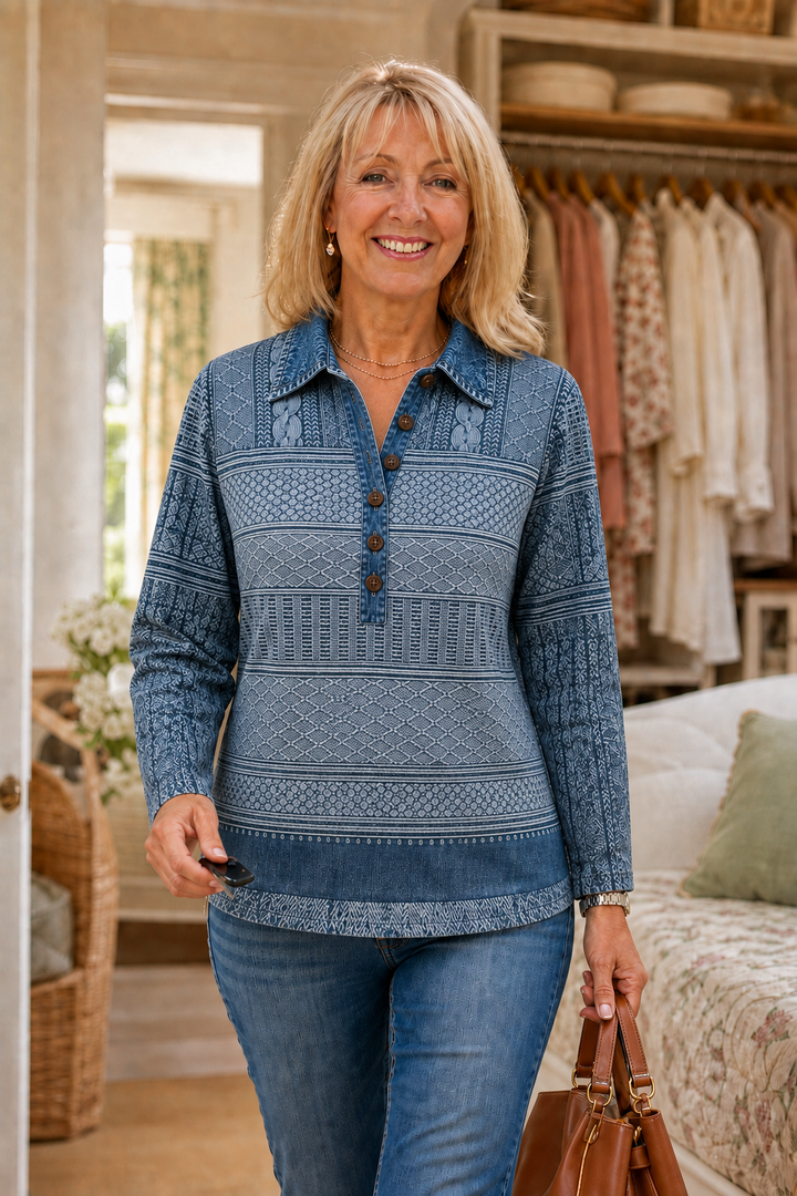 Layerlyn – Bluzka dzianinowa z denimu w patchworkowym wzorze