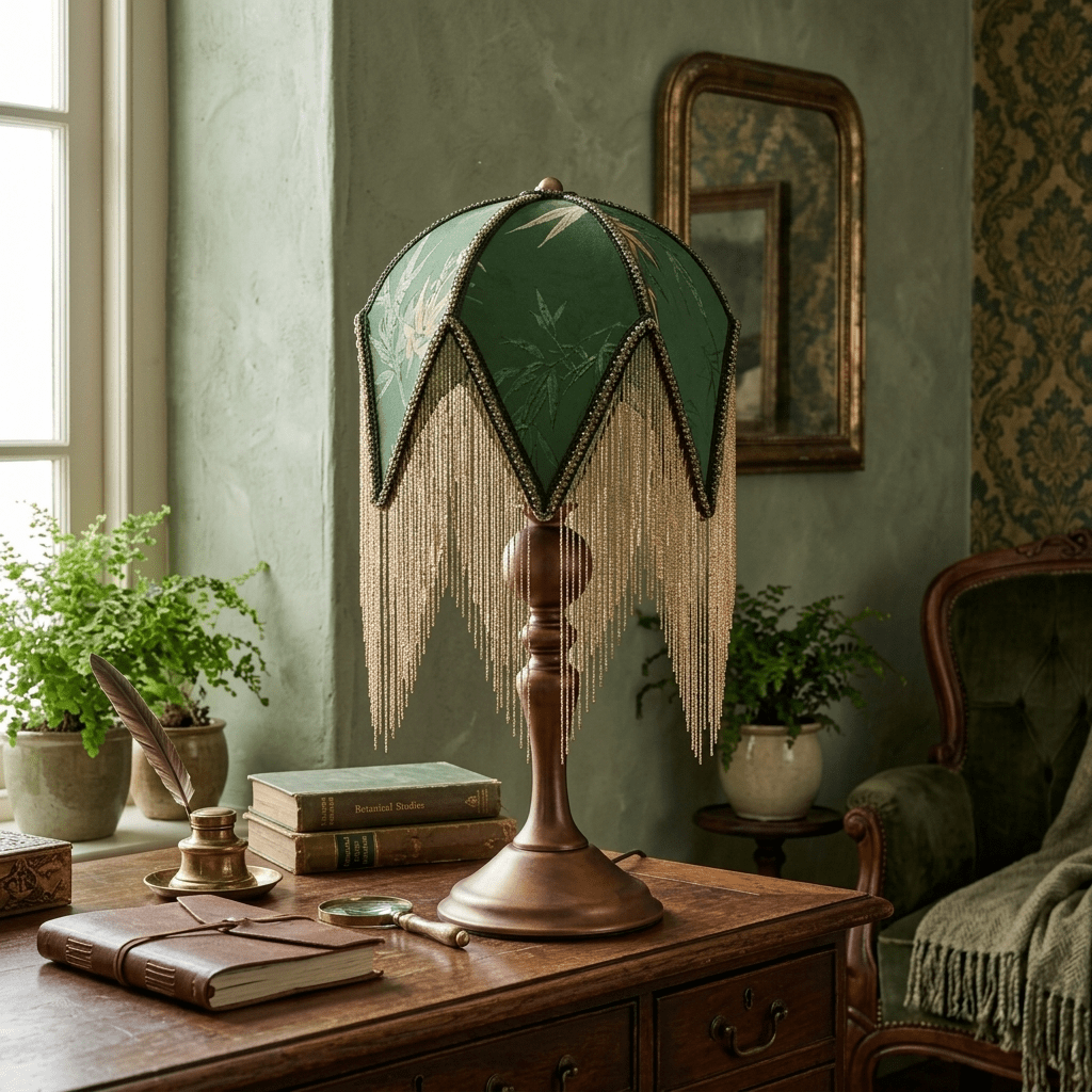 Lampa stołowa wiktoriańska z frędzlami