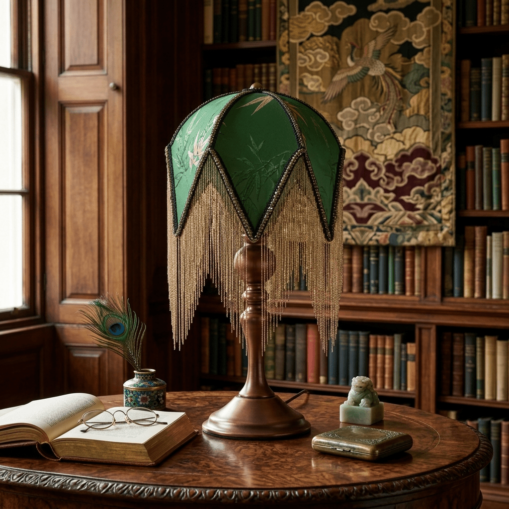 Lampa stołowa wiktoriańska z frędzlami