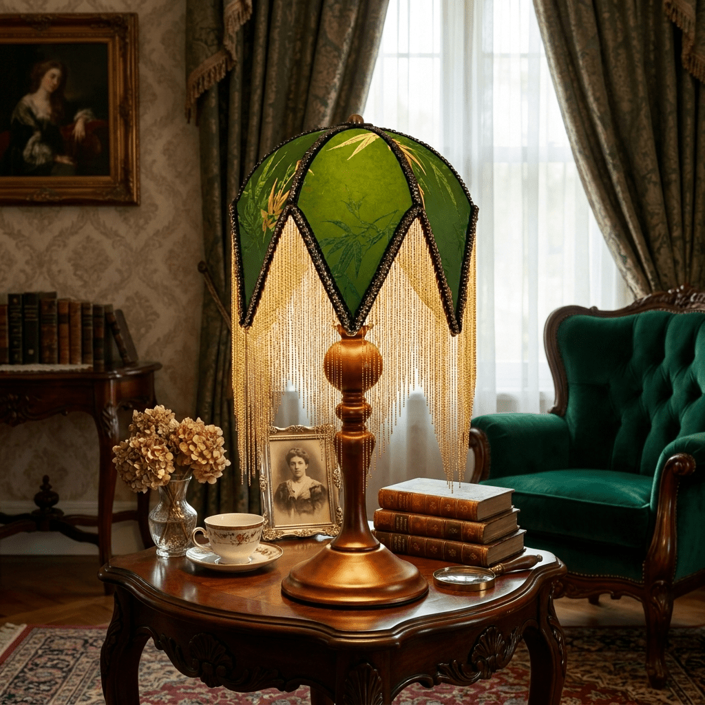 Lampa stołowa wiktoriańska z frędzlami