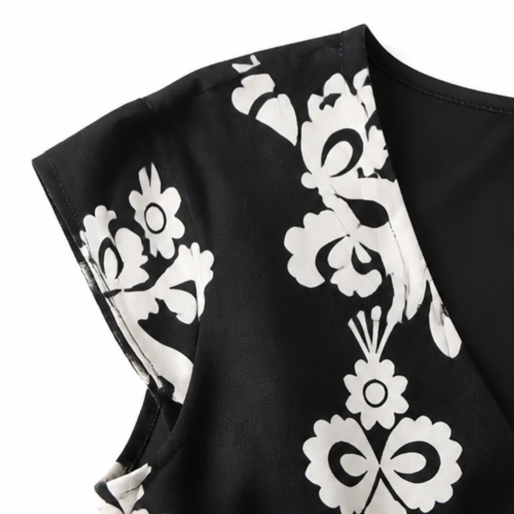 Osyrel – Midi sukienka damska w deseń damask z dekoltem w serek