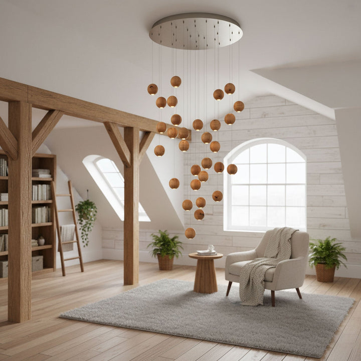 Wisząca Lampa Cluster z Drewnianymi Kulami