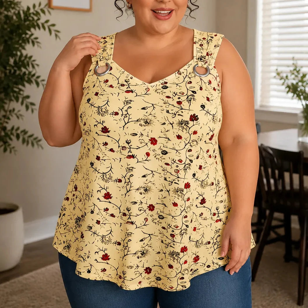 Wearlora – Koszulka Swingowa w Kwiaty Plus Size z Ramiączkami w Kształcie O