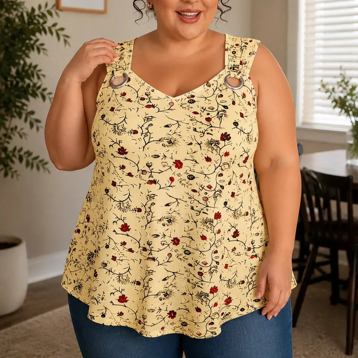 Wearlora – Koszulka Swingowa w Kwiaty Plus Size z Ramiączkami w Kształcie O