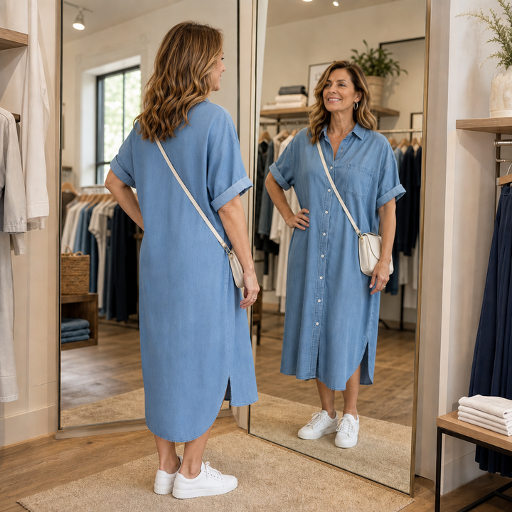 Wearbella – Luźna Sukienka Koszulowa z Jeansu z Guzikami