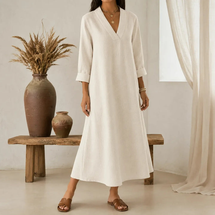 Lunara – Sukienka maxi w stylu lnianym z dekoltem w serek i kieszeniami