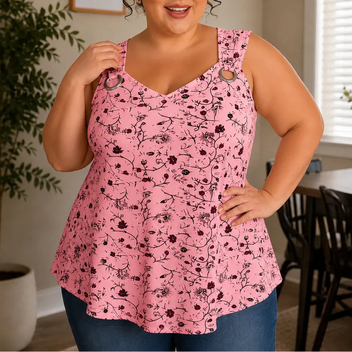 Wearlora – Koszulka Swingowa w Kwiaty Plus Size z Ramiączkami w Kształcie O