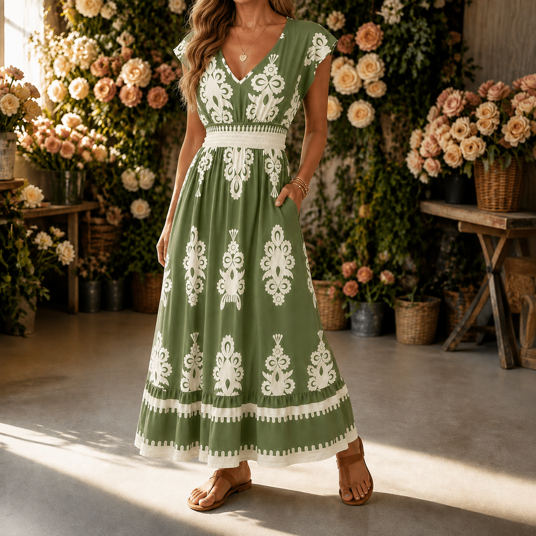 Osyrel – Midi sukienka damska w deseń damask z dekoltem w serek