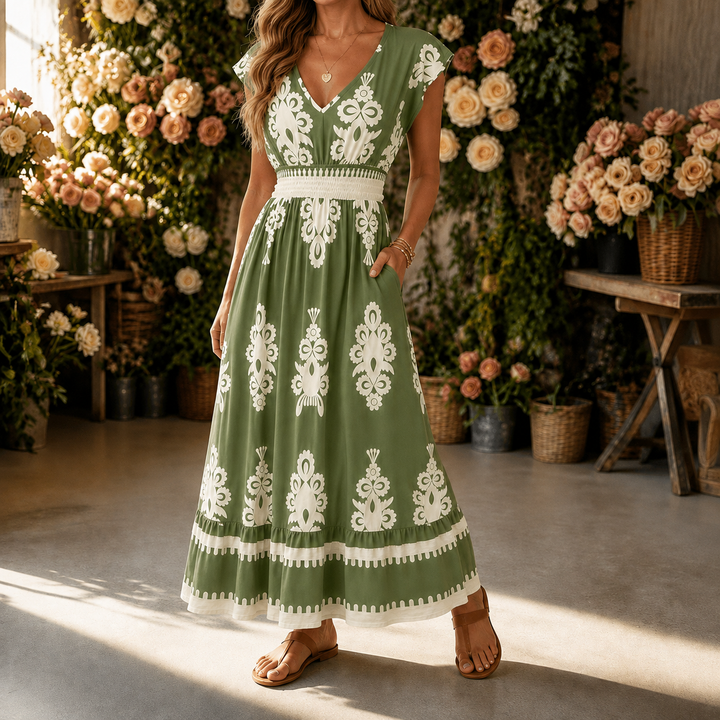 Osyrel – Midi sukienka damska w deseń damask z dekoltem w serek