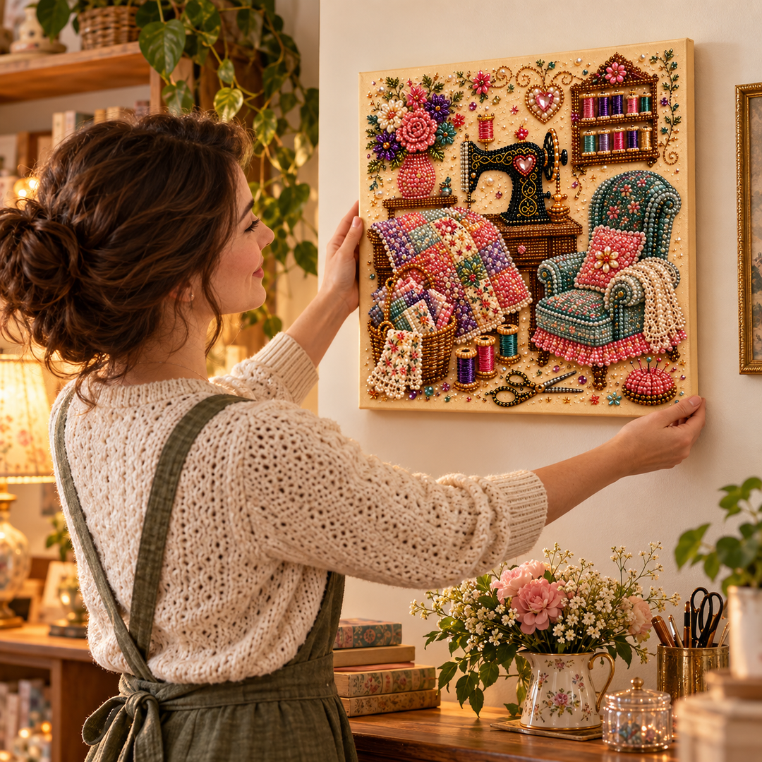 CozyGlow – Zestaw do haftu diamentowego w pracowni krawieckiej