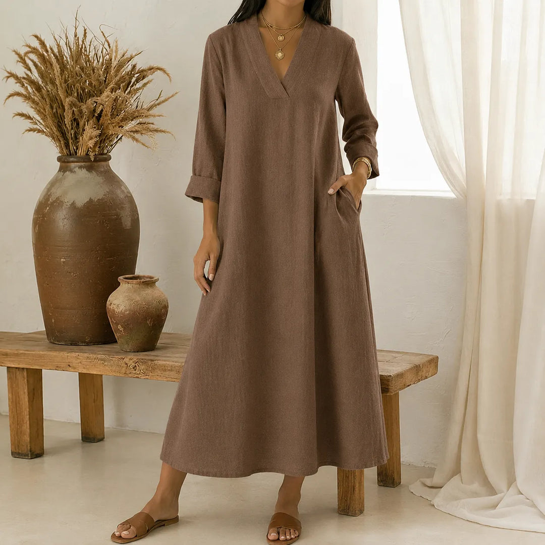 Lunara – Sukienka maxi w stylu lnianym z dekoltem w serek i kieszeniami