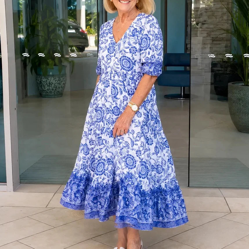 Florenza – Boho Sukienka Midi z Dekoltem w Serek i Warstwowym Dołem