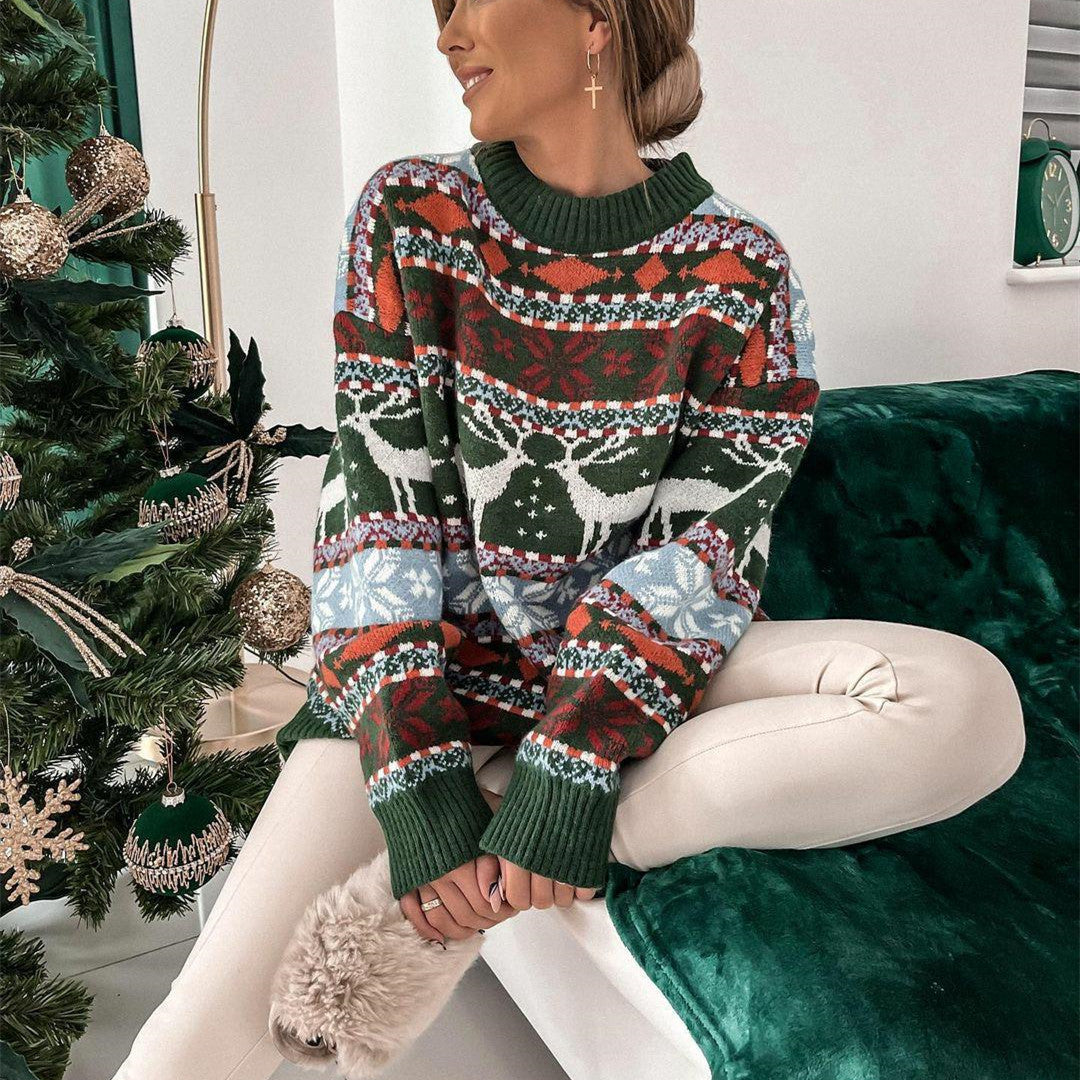 Sweter damski świąteczny w żakardowy wzór, luźny, z okrągłym dekoltem