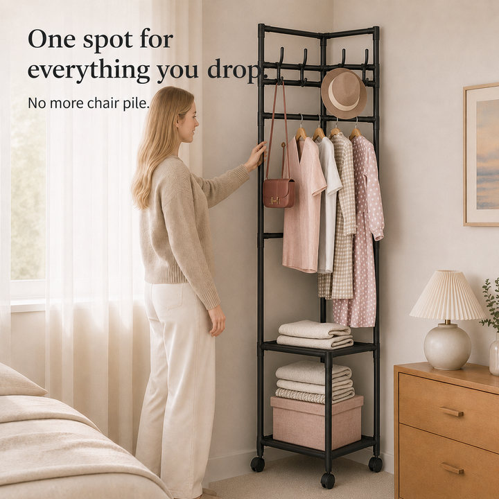 Nookstand – Stojak na ubrania oszczędzający miejsce z półką i hakami