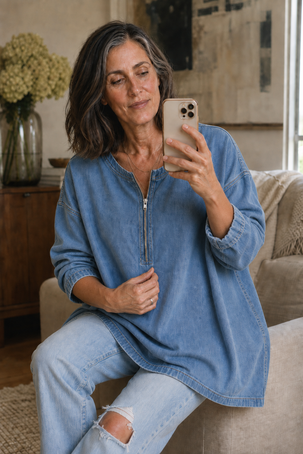 Zipdenim – Bluzka z półzamkiem w stylu dżinsowym