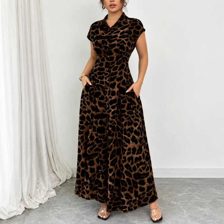 Veluxa – Sukienka maxi z leoparda z wcięciem w talii i kieszeniami