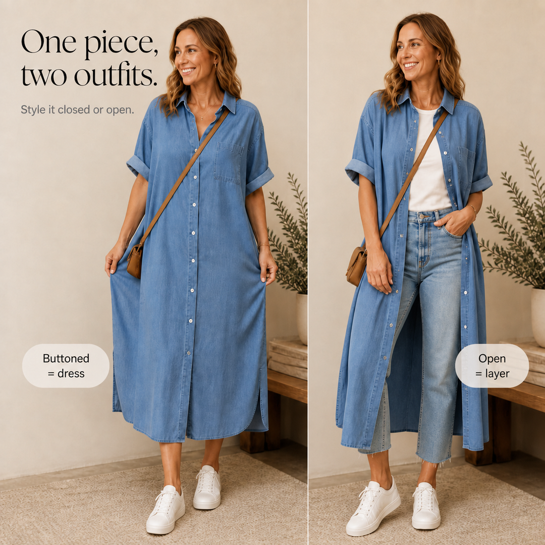 Wearbella – Luźna Sukienka Koszulowa z Jeansu z Guzikami