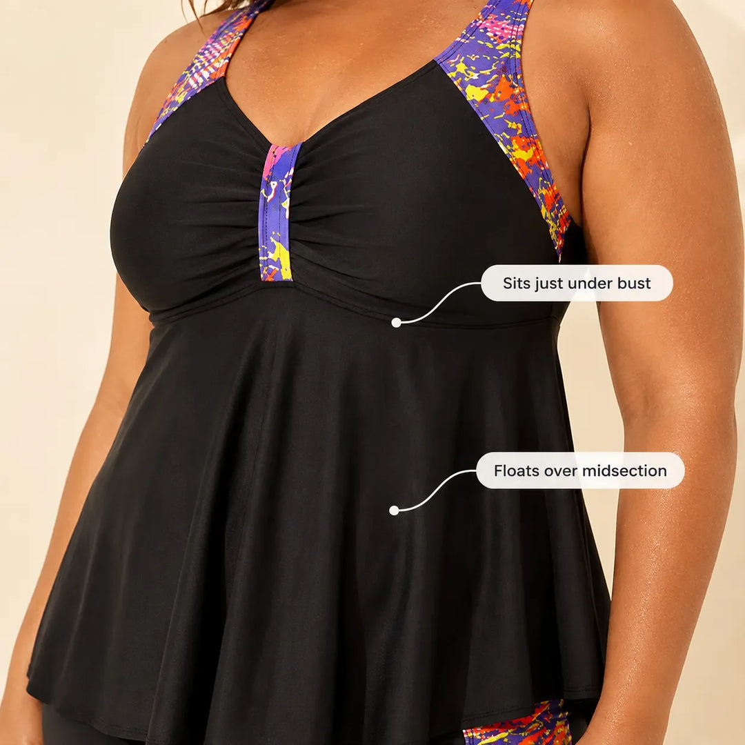 Sirella – Luźny tankini w stylu empire i szorty dla krągłych sylwetek