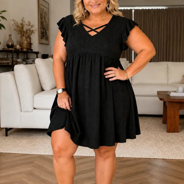 Florelle – Sukienka Babydoll z Oczkami dla Kobiet z Krzyżującym się Dekoltem w Kształcie V i Falbaniastymi Rękawami