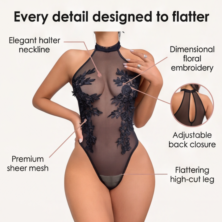 Floressa – Przezroczysty body z haftem kwiatowym na halter