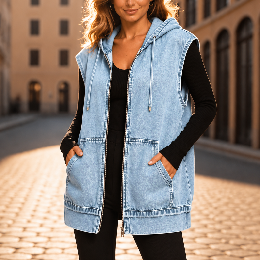 Wearbella – Oversized Kamizelka z Kapturem w Stylu Dżinsowym