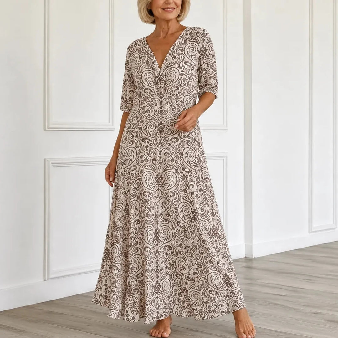 Florenza – Vintage Sukienka Maxi w Wzór Paisley z Dekoltem w Serek i Półrękawami