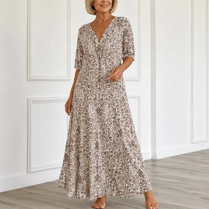 Florenza – Vintage Sukienka Maxi w Wzór Paisley z Dekoltem w Serek i Półrękawami