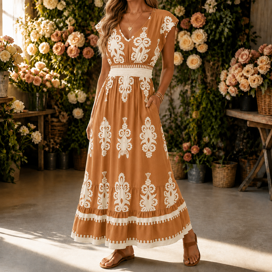 Osyrel – Midi sukienka damska w deseń damask z dekoltem w serek