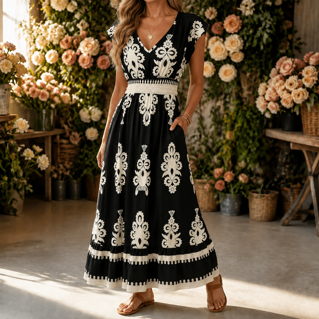 Osyrel – Midi sukienka damska w deseń damask z dekoltem w serek