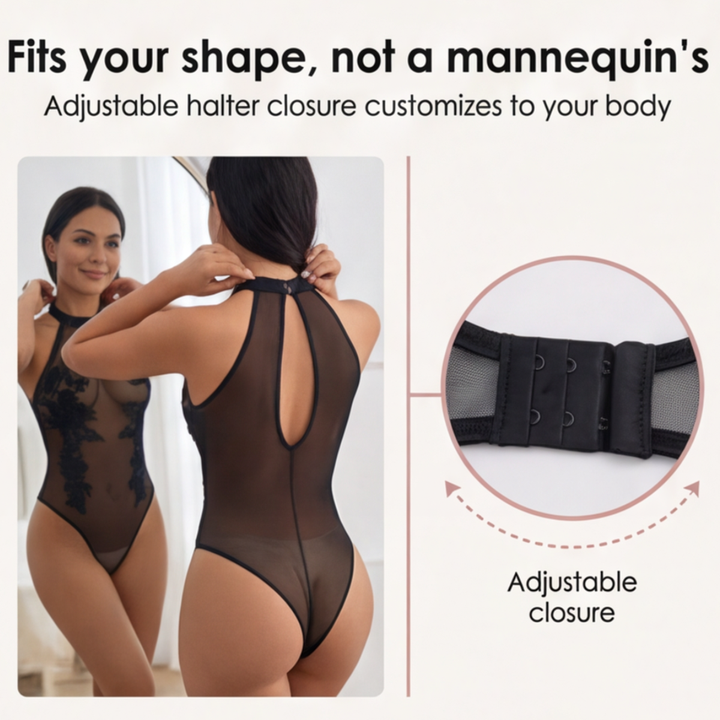 Floressa – Przezroczysty body z haftem kwiatowym na halter