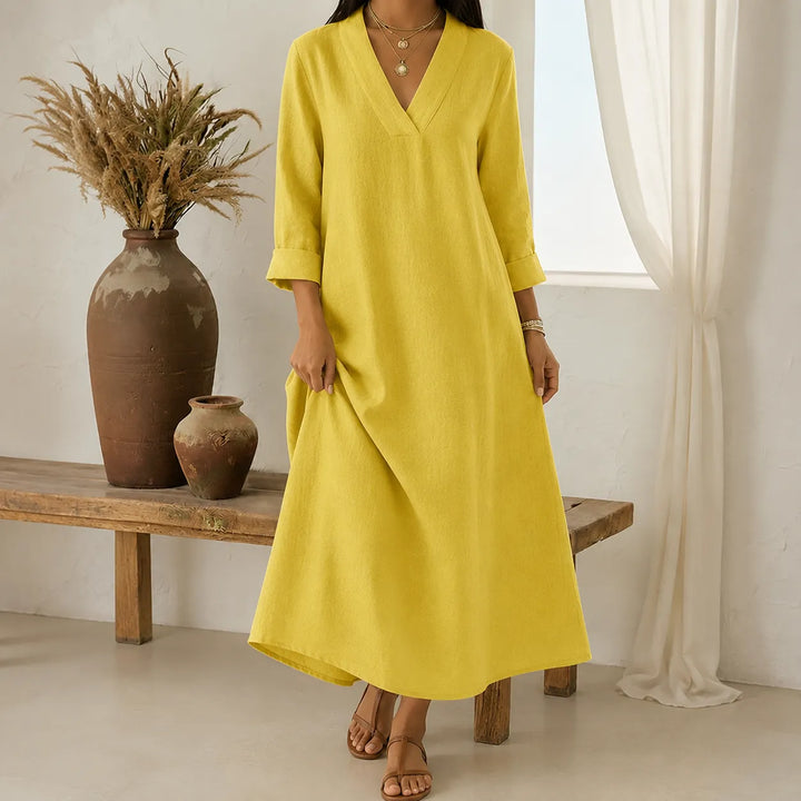 Lunara – Sukienka maxi w stylu lnianym z dekoltem w serek i kieszeniami