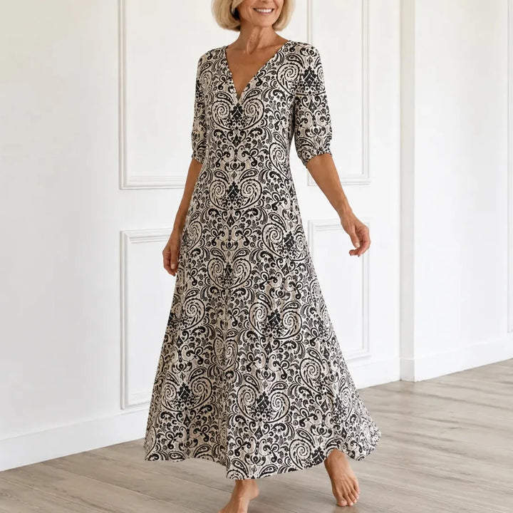 Florenza – Vintage Sukienka Maxi w Wzór Paisley z Dekoltem w Serek i Półrękawami