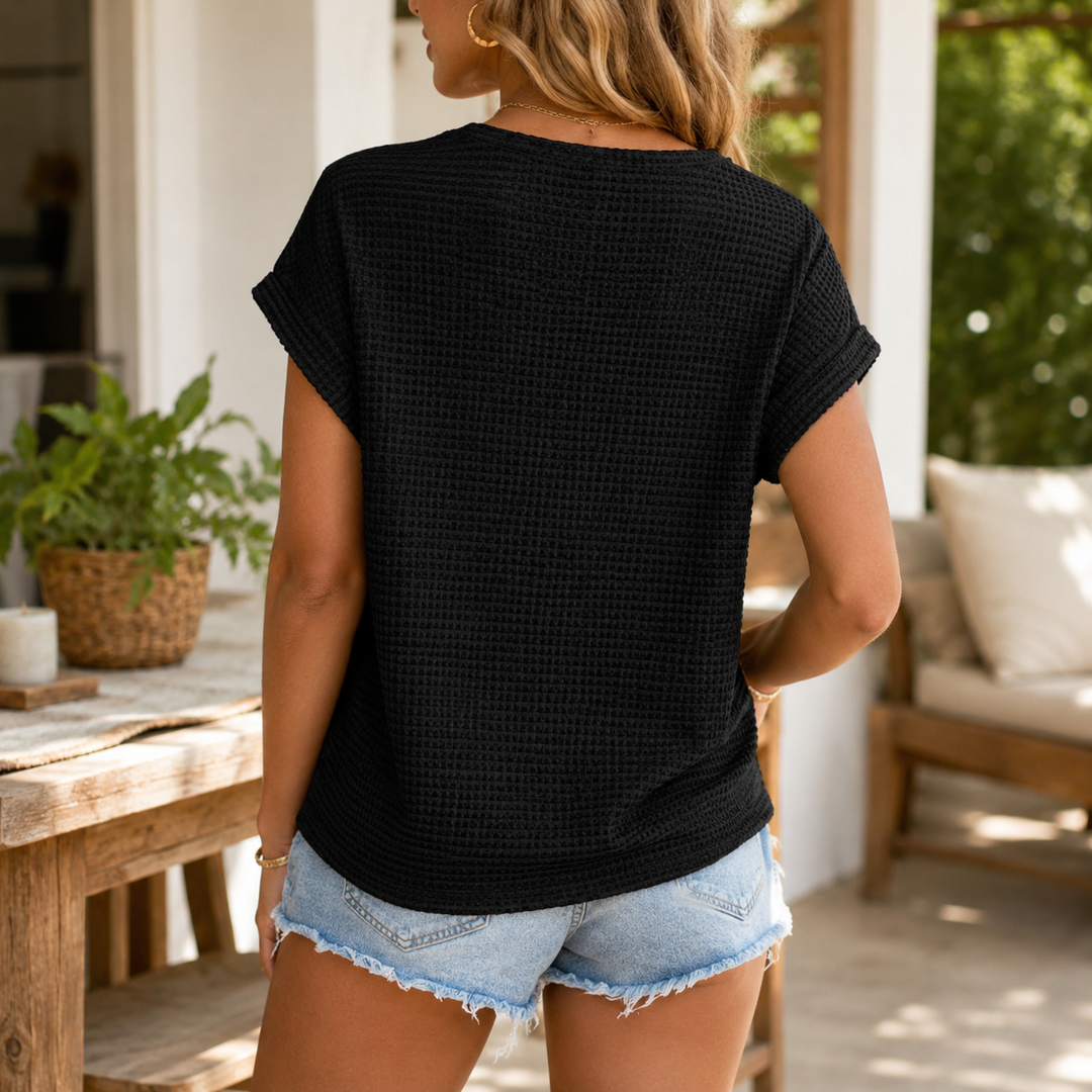 Wearbella – Krótki top z otwartym splotem i krótkim rękawem, bluzka w fakturze wafla na wiosnę i lato dla kobiet