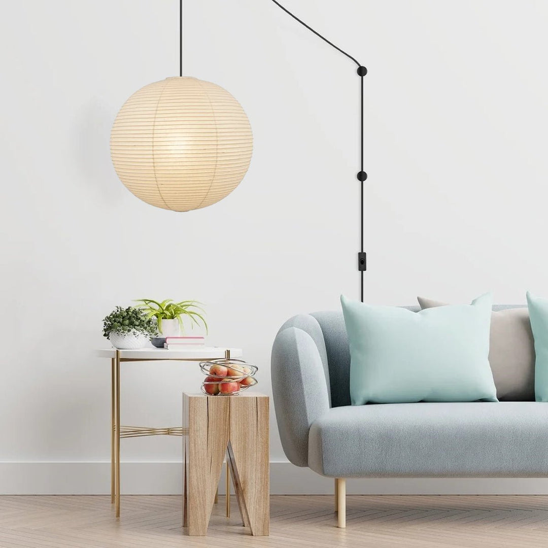 Kulista lampa wisząca z papieru Kozo, z przewodem zawieszanym na haku (biały przewód)