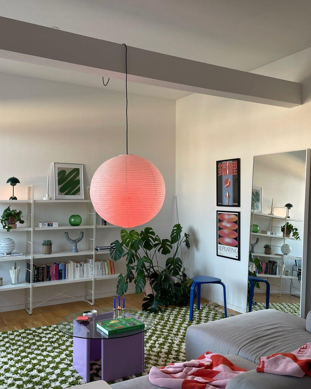 Kulista lampa wisząca z papieru Kozo, z przewodem zawieszanym na haku (biały przewód)