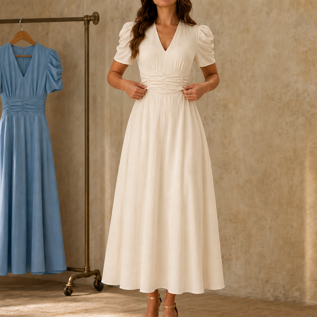 Wearbella – Sukienka midi z marszczonym pasem i bufiastymi rękawami w dekolcie w serek
