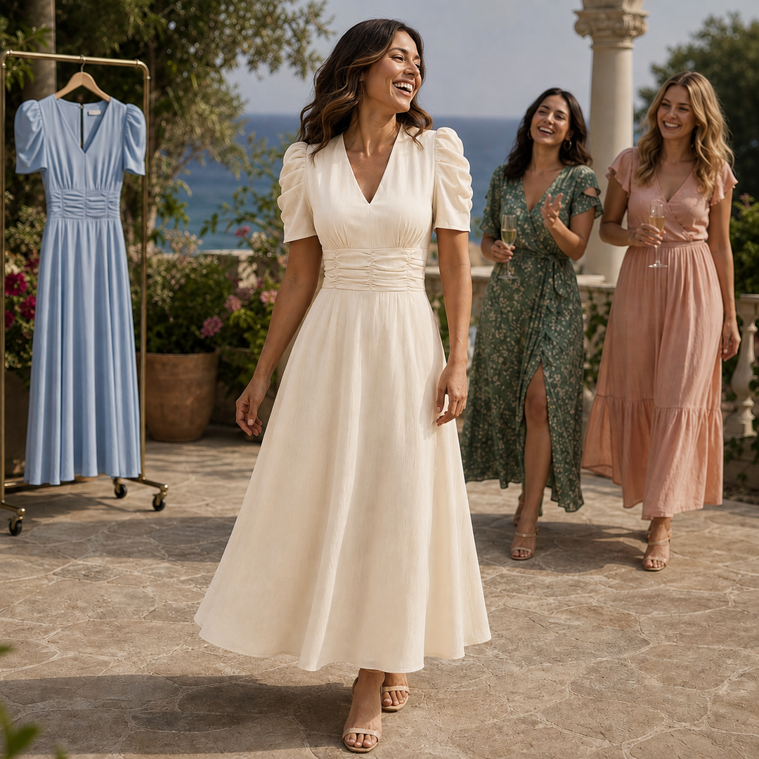 Wearbella – Sukienka midi z marszczonym pasem i bufiastymi rękawami w dekolcie w serek