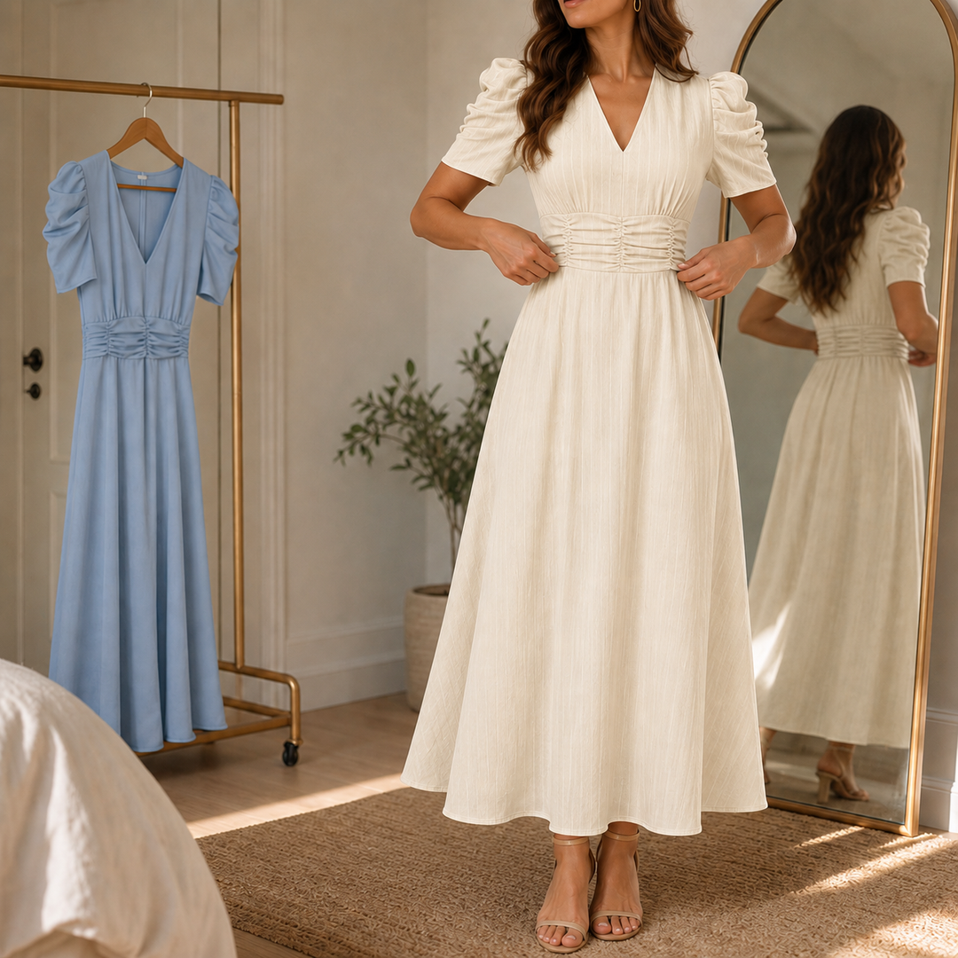 Wearbella – Sukienka midi z marszczonym pasem i bufiastymi rękawami w dekolcie w serek