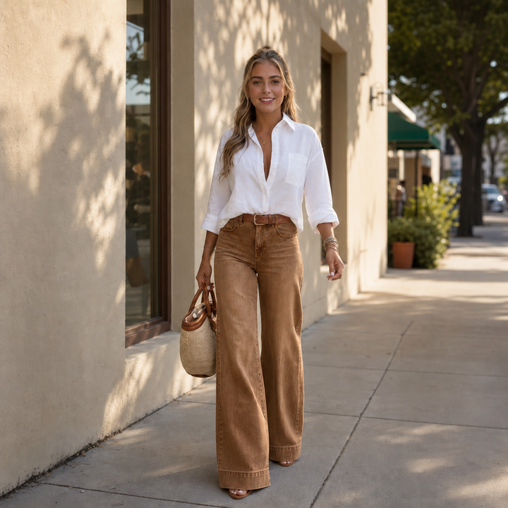 Dżinsy Longline Denim Look – Wysoki Stan, Szerokie Nogi, Vintage Wash
