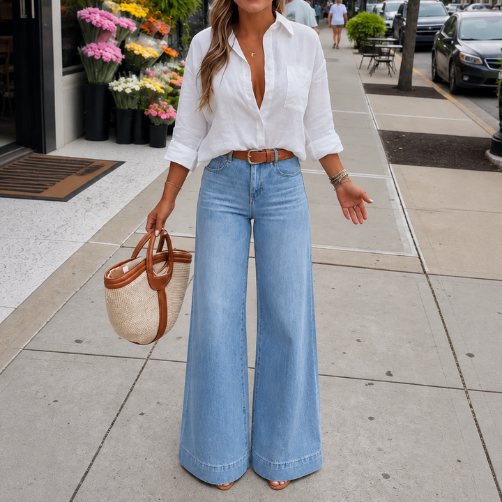 Dżinsy Longline Denim Look – Wysoki Stan, Szerokie Nogi, Vintage Wash