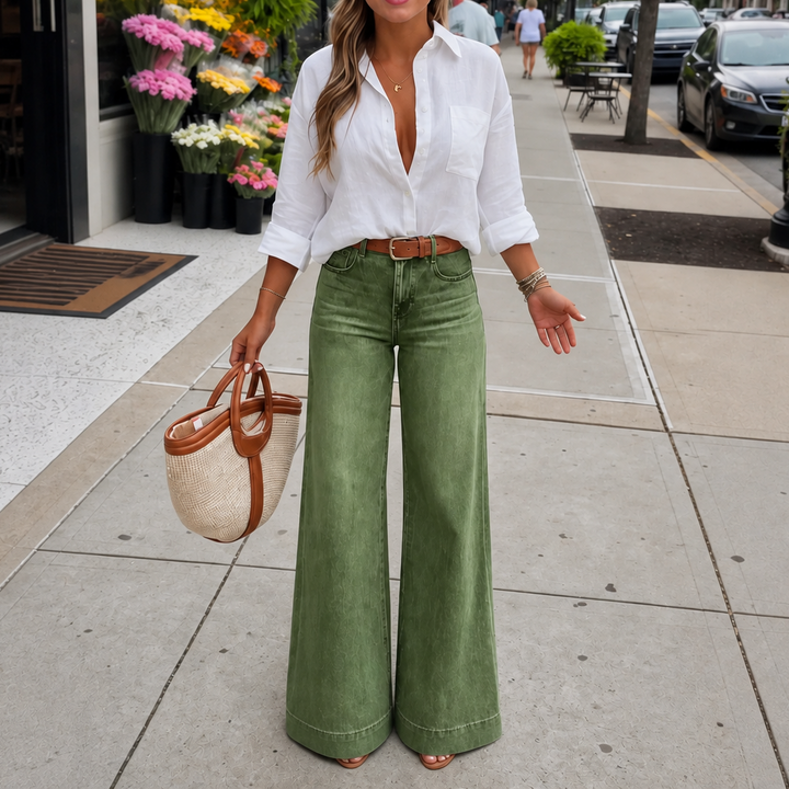 Dżinsy Longline Denim Look – Wysoki Stan, Szerokie Nogi, Vintage Wash