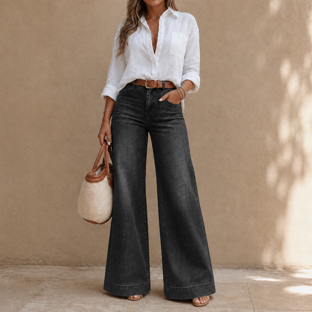 Dżinsy Longline Denim Look – Wysoki Stan, Szerokie Nogi, Vintage Wash