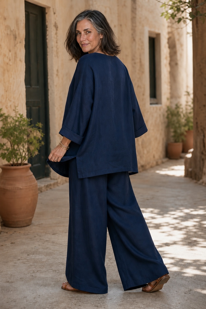 Wearlette – Zestaw Dwuczęściowy z Szerokimi Nogawkami w Stylu Lnianym
