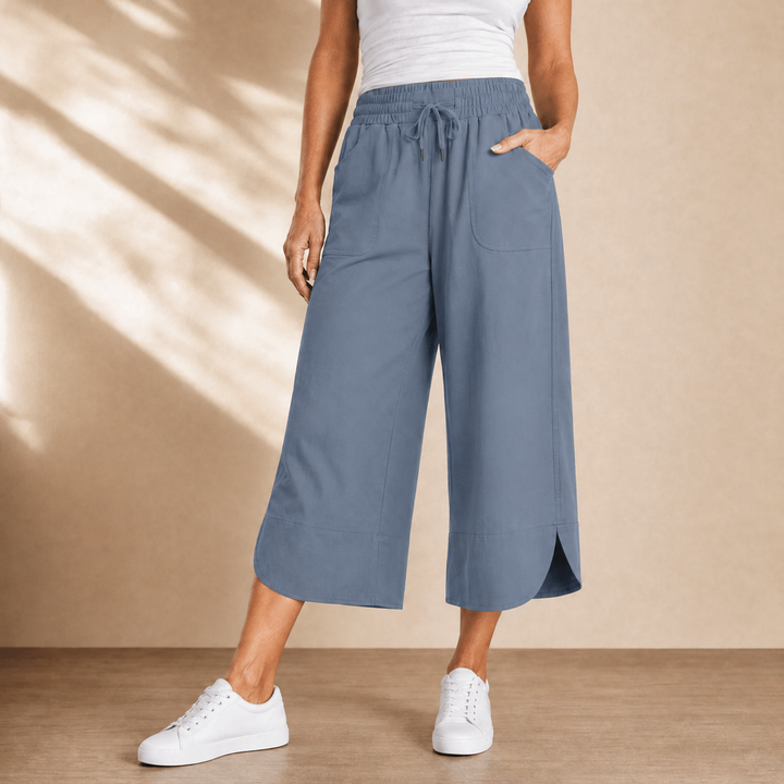 Lounella – Kobiece miękkie spodnie z szerokimi nogawkami o kroju cropped