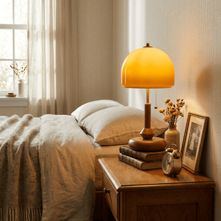 Lampa stołowa z drewna w kształcie kopuły